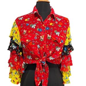 Vintage Moschino Jeans Red Yellow Floral Ruffle Sleeved Tie Shirt/Top Sz US 10